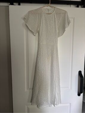 White Sequin Flutter-Sleeve Open Back Dress